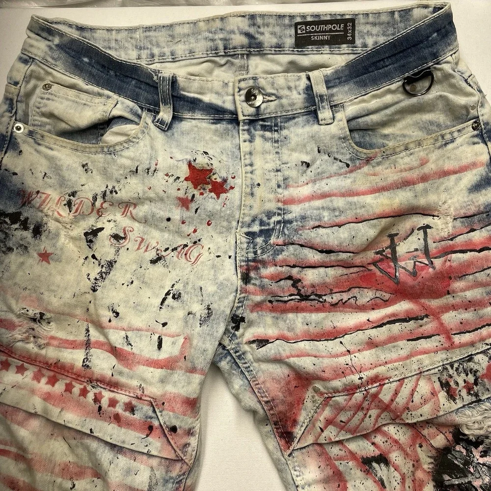 Vintage SouthPole Skinny‎ Jeans 34x32 Graffiti Alpha Omega Paint Skater Y2K
